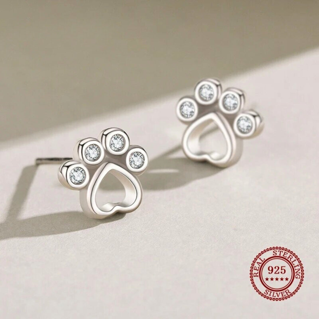 Paw Stud Earrings Silver With Zirconia