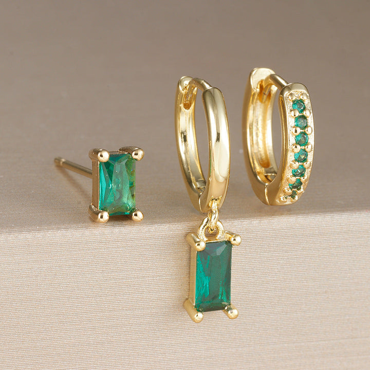 Emerald Green Geometric Zircon Earrings | Gold